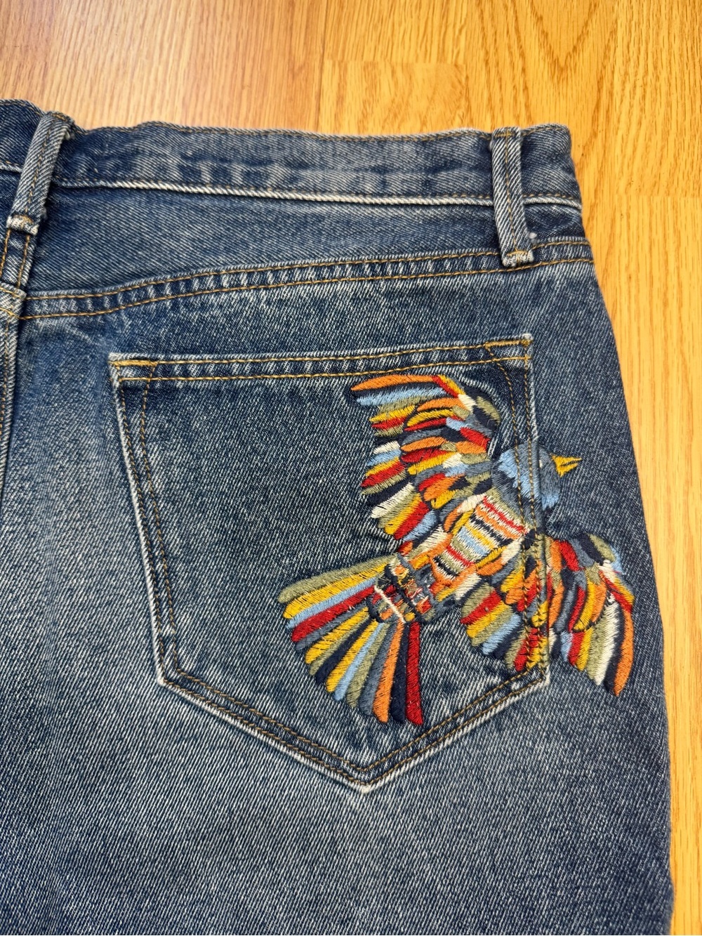 DRIFTWOOD Blue Denim High-Rise Jeans with Multicolor Embroidered Bird